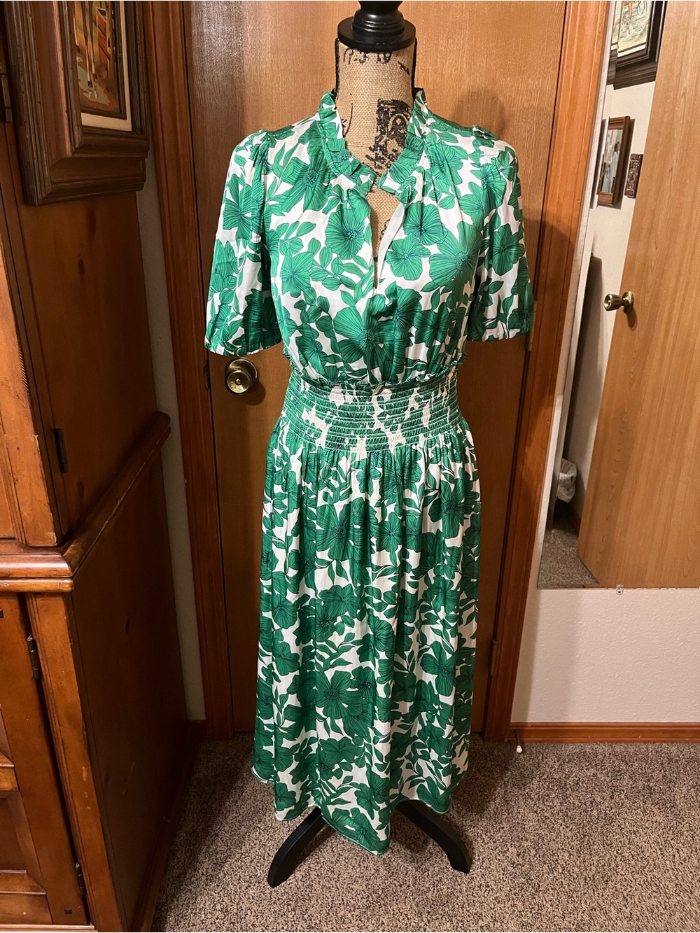 J. Crew Green and White Floral Shirred-Waist Midi Dress